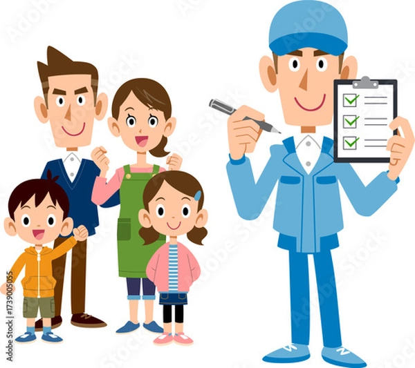 Obraz 家族とチェックポイントを説明する作業員の男性
