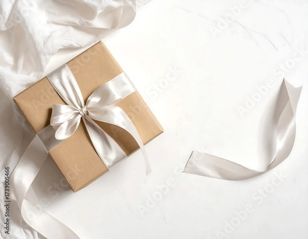 Fototapeta Elegant gift box with white ribbon on a white surface, minimal flatlay composition