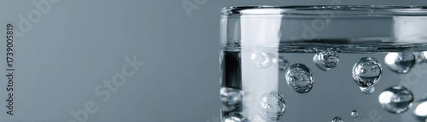 Fototapeta Close-up of bubbles in a glass of refreshing carbonated water.