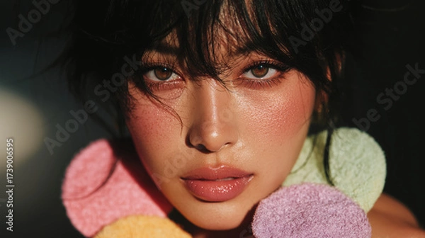 Fototapeta Fresh faced model with silky black hair, glowing skin, and vibrant makeup, showcasing playful expression. colorful accessories add fun touch to overall look