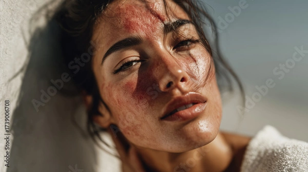 Fototapeta Close up portrait of beautiful woman with natural look, showcasing her skin texture and expression. sunlight highlights her features, creating captivating and emotional atmosphere