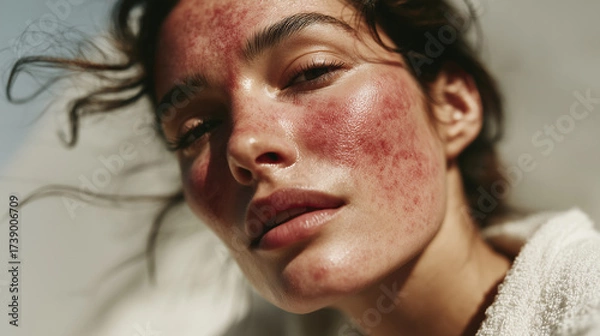 Fototapeta Close up portrait of beautiful woman with natural skin texture, showcasing freckles and radiant complexion. soft lighting highlights her features, creating intimate and captivating atmosphere