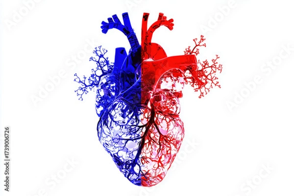 Fototapeta Detailed anatomical illustration of heart, showcasing arteries highlighted red and blue, emphasizing intricate vascular structure. This vibrant depiction captures essence of human anatomy