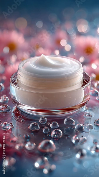 Fototapeta Close up of white skincare cream jar surrounded by water droplets, reflecting serene atmosphere with soft pink flowers in background. image evokes sense of freshness and rejuvenation