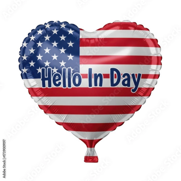 Fototapeta Heart shaped american flag balloon with hello in day message isolated on transparent background