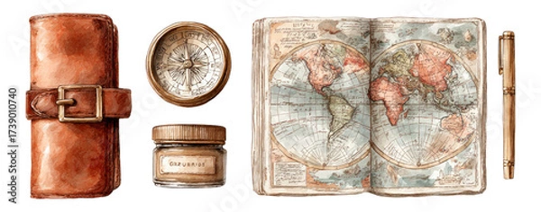 Obraz Vintage Map Illustration with Travel Essentials on Transparent Background