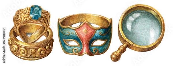 Obraz Golden Artifacts with Colorful Mask and Magnifying Glass Design