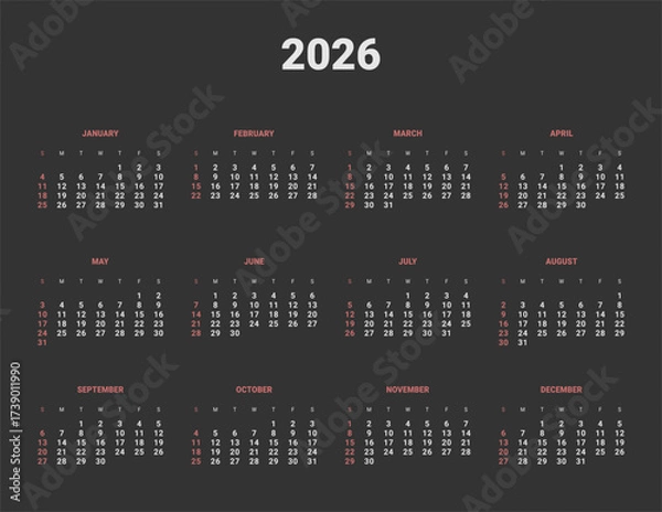 Fototapeta Annual Calendar Template 2026. Vector layout of wall or desk vertical simple calendar with week start on Sunday in black dark color. Weekends highlighted in red. Page A4 in Minimal style for print