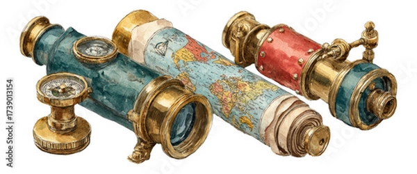 Obraz Vintage Telescope Set with World Map and Intricate Details