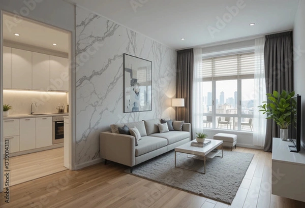 Fototapeta Beautiful studio apartment with marble wall, big window with blinds and stylish living room open to white kitchen. 3d rendering.