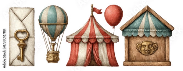 Obraz Vintage Carnival Elements: Balloon, Tent, Key, and Envelope