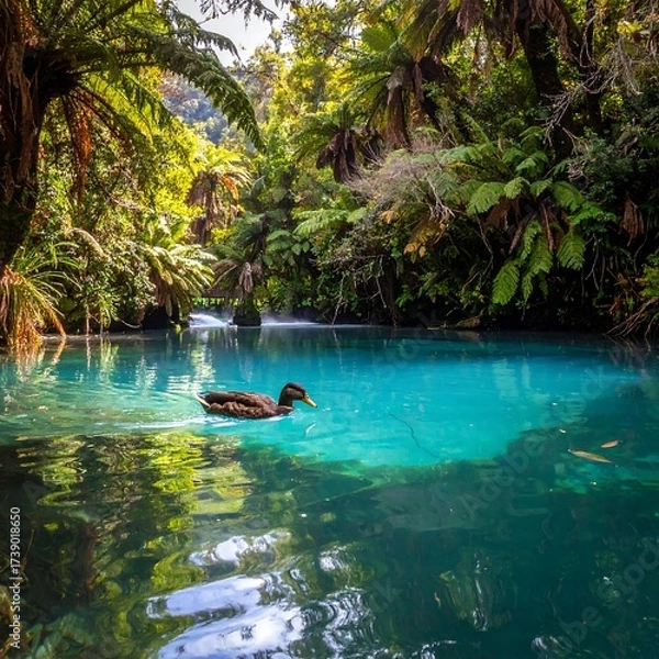 Fototapeta Duck Swims in a Crystal-Clear Turquoise Spring