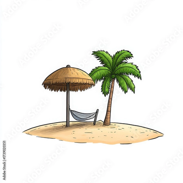 Fototapeta Tropical island, palm tree, hammock, umbrella, sand, relaxing mood