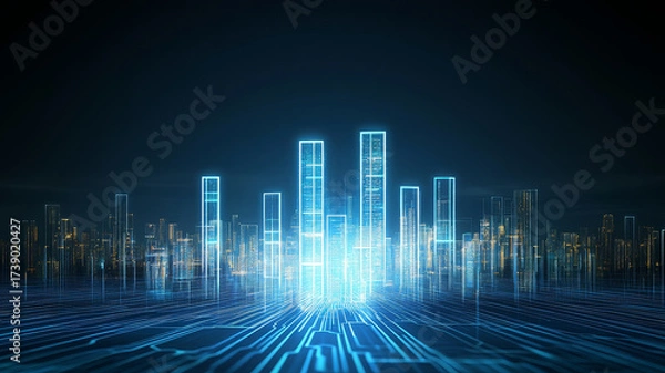 Fototapeta City skyline digital glowing data futuristic illuminated technology Digital city skyline glowing