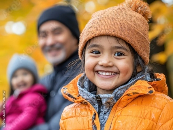 Obraz Joyful Family Portrait of Dad and Mom with Smiling Daughter in a Vibrant Autumn Landscape with Warm Colors and Happiness