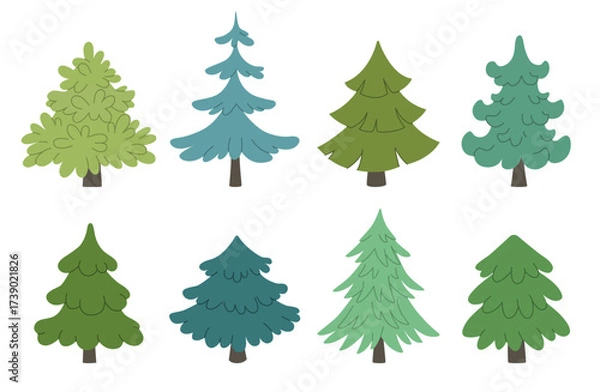 Obraz Set of evergreen fir trees. Cartoon forest spruce trees. Wildlife vector illustrations. Natural spruce forest.