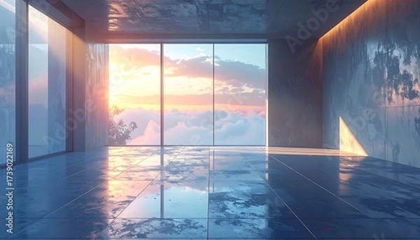 Fototapeta Modern, empty room with sunset view