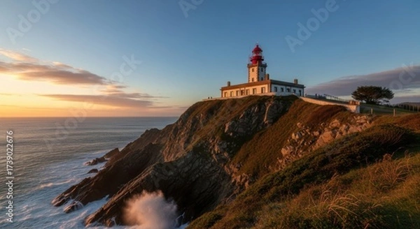 Obraz Stunning coastal landscape with lighthouse, cliffs, and ocean at sunrise