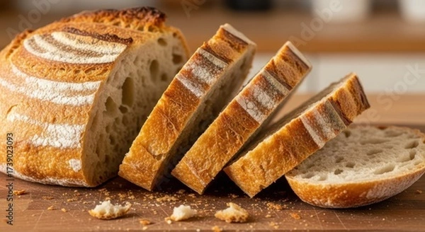 Obraz Artisanal Sourdough Loaf with Slices on a Rustic Wooden Cutting Board