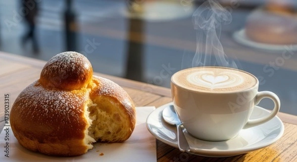Obraz Brioche with dusted sugar and cappuccino featuring a foamy heart