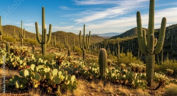 Obraz Scenic panorama of the Arizona desert with saguaro cactus at golden hour