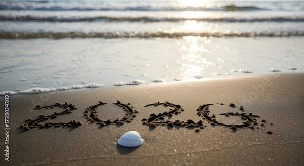 Fototapeta The year 2026 written in sand on a beach with a seashell, as gentle waves approach under a soft sunset.
