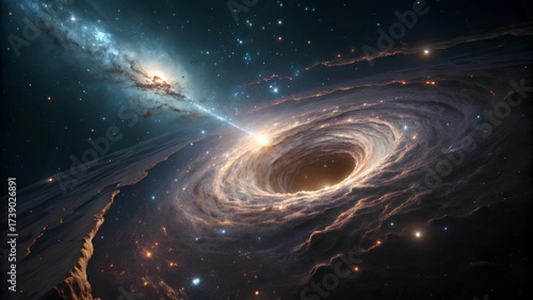 Fototapeta Massive black hole with glowing accretion disk and jet
