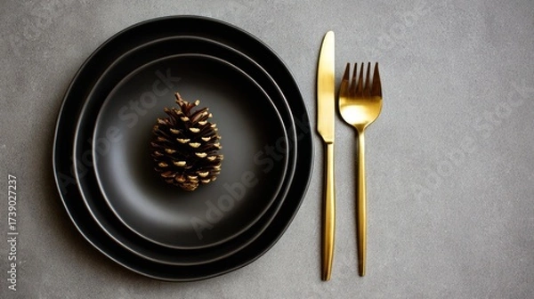 Fototapeta Elegant Black Plate Set with Pinecone and Gold Cutlery on Gray Surface
