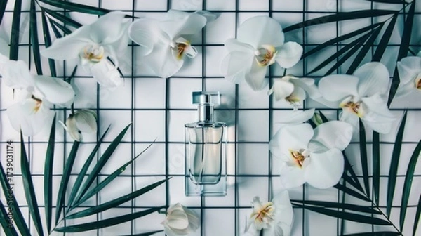 Fototapeta Elegant Clear Perfume Bottle Surrounded by White Orchids and Green Palm Leaves on White Grid Background