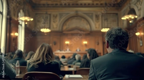 Fototapeta Environmental Lawsuit concept. Courtroom scene with audience observing a legal proceeding.