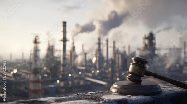 Fototapeta Environmental Lawsuit concept. Industrial scene with a gavel in the foreground and smokestacks in the background.