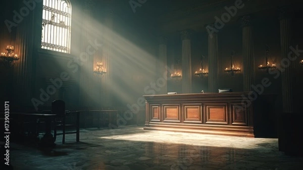 Fototapeta Environmental Lawsuit concept. Dramatic light in an ornate, historical courtroom setting.