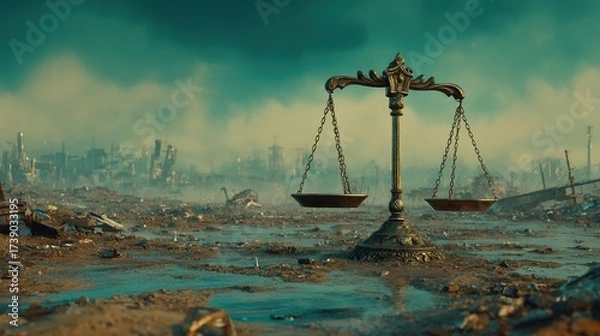 Fototapeta Environmental Lawsuit concept. A decaying landscape featuring a scale symbolizing justice.