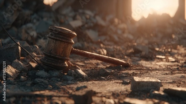 Fototapeta Environmental Lawsuit concept. Abandoned gavel on rubble, symbolizing justice in chaos.