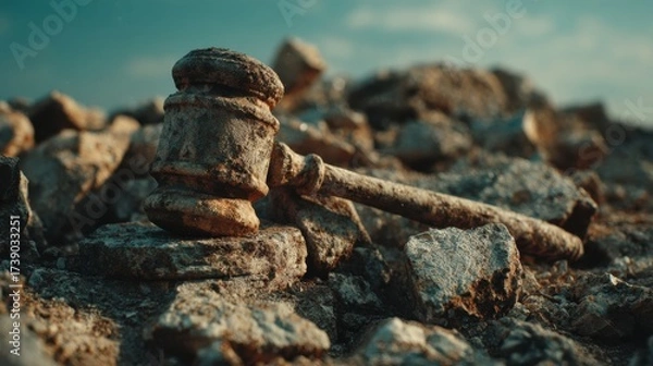 Fototapeta Environmental Lawsuit concept. Weathered gavel resting on rubble with a dramatic sky backdrop.