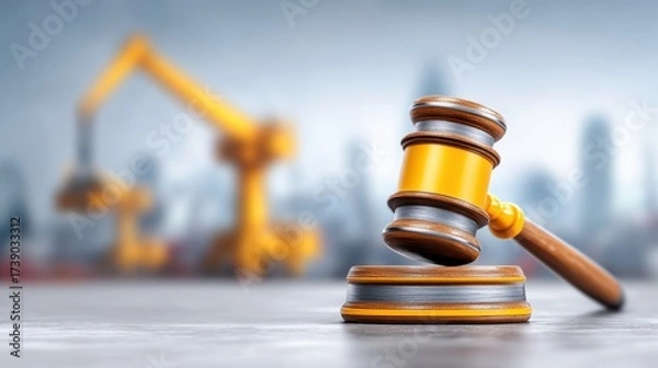 Fototapeta Environmental Lawsuit concept. Gavel in focus with blurred construction site in background.