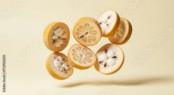Fototapeta Sliced Custard Apples with Visible Seeds Floating in Air.