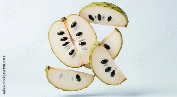 Fototapeta Sliced cherimoya fruit with black seeds and pale flesh arranged in a floating composition.