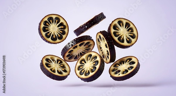 Fototapeta Sliced Exotic Dark Purple Fruit with StarPatterned Seeds Floating.