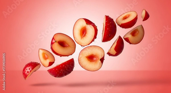 Fototapeta Sliced Fresh Plums Floating Against a Pink Background.