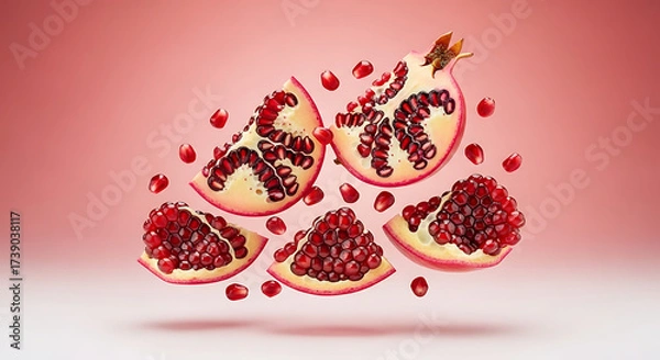 Fototapeta Sliced Pomegranate Segments with Seeds on Pink Background Fresh and Juicy.