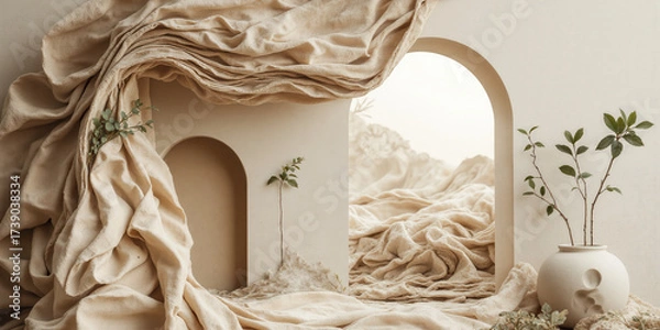 Fototapeta Circular Fashion Material Regenerative textile visualization showing infinite resource cycles, zero-waste pattern cutting negative space, fashion sustainability aesthetic in natural