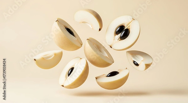 Fototapeta Sliced Sapodilla Fruit Pieces with Black Seeds Floating in Air.