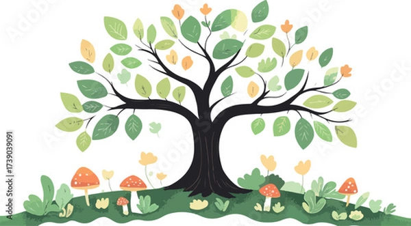 Fototapeta Whimsical watercolor tree with colorful leaves and enchanted forest floor mushrooms