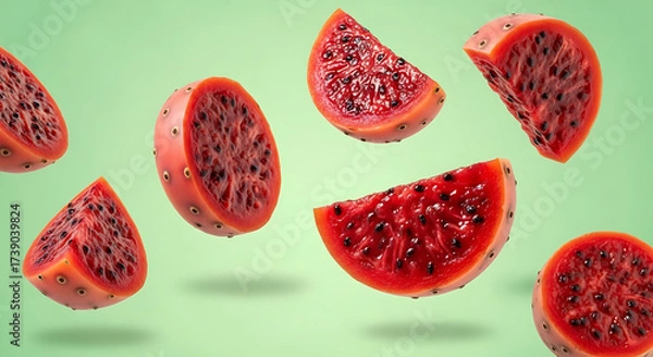 Fototapeta Vibrant Slices of Red Prickly Pear Fruit Floating Artfully.