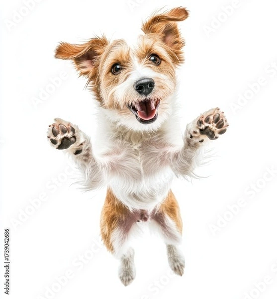 Obraz Energetic Dog Jumping Against White Background