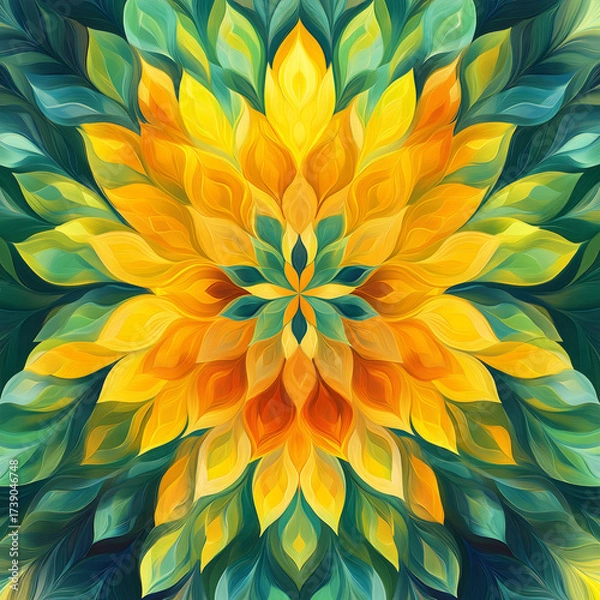 Fototapeta A radiant symphony of golden petals unfolds in an intricate kaleidoscope of fractal patterns, weaving nature’s artistry into mesmerizing optical illusions.