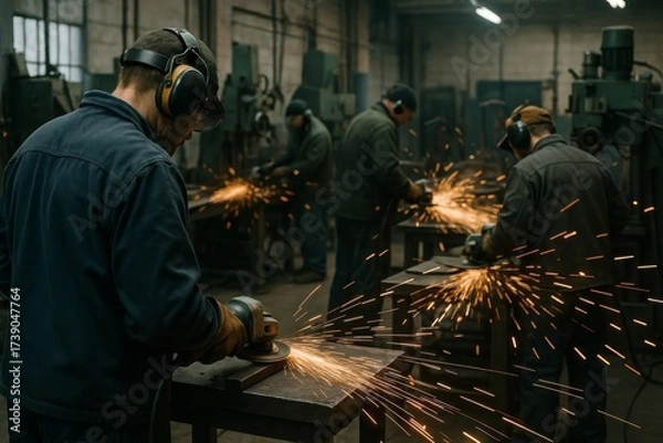 Obraz Skilled workers actively grind metal in a busy, industrial workshop. Sparks fly from tools, highlighting their dedicated craftsmanship.