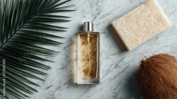 Fototapeta Elegant Perfume Bottle with Natural Sponge and Coconut on Marble Surface