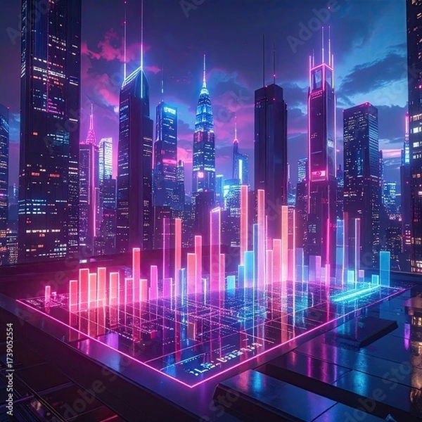 Fototapeta Neon city with data bar visualization